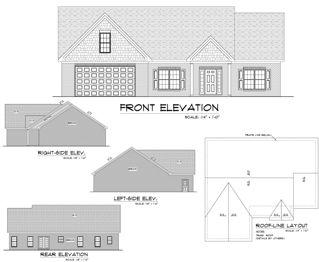 Front elevation blueprint for new home construction in Evansville IN