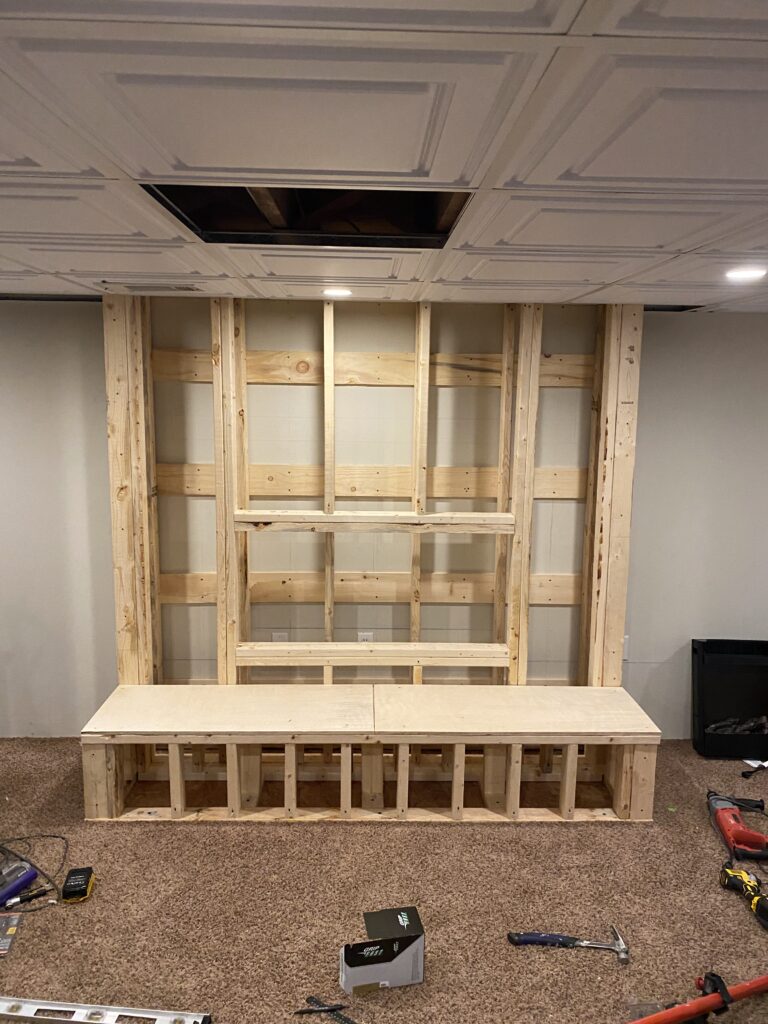Custom built fireplace framing in basement in Haubstadt Indiana